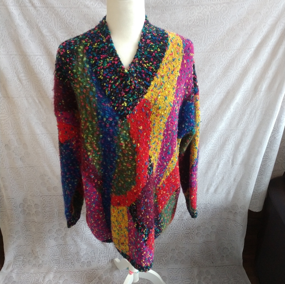 Vintage Hand Knit Funky Chunky V Neck Sweater by Knitting Needle